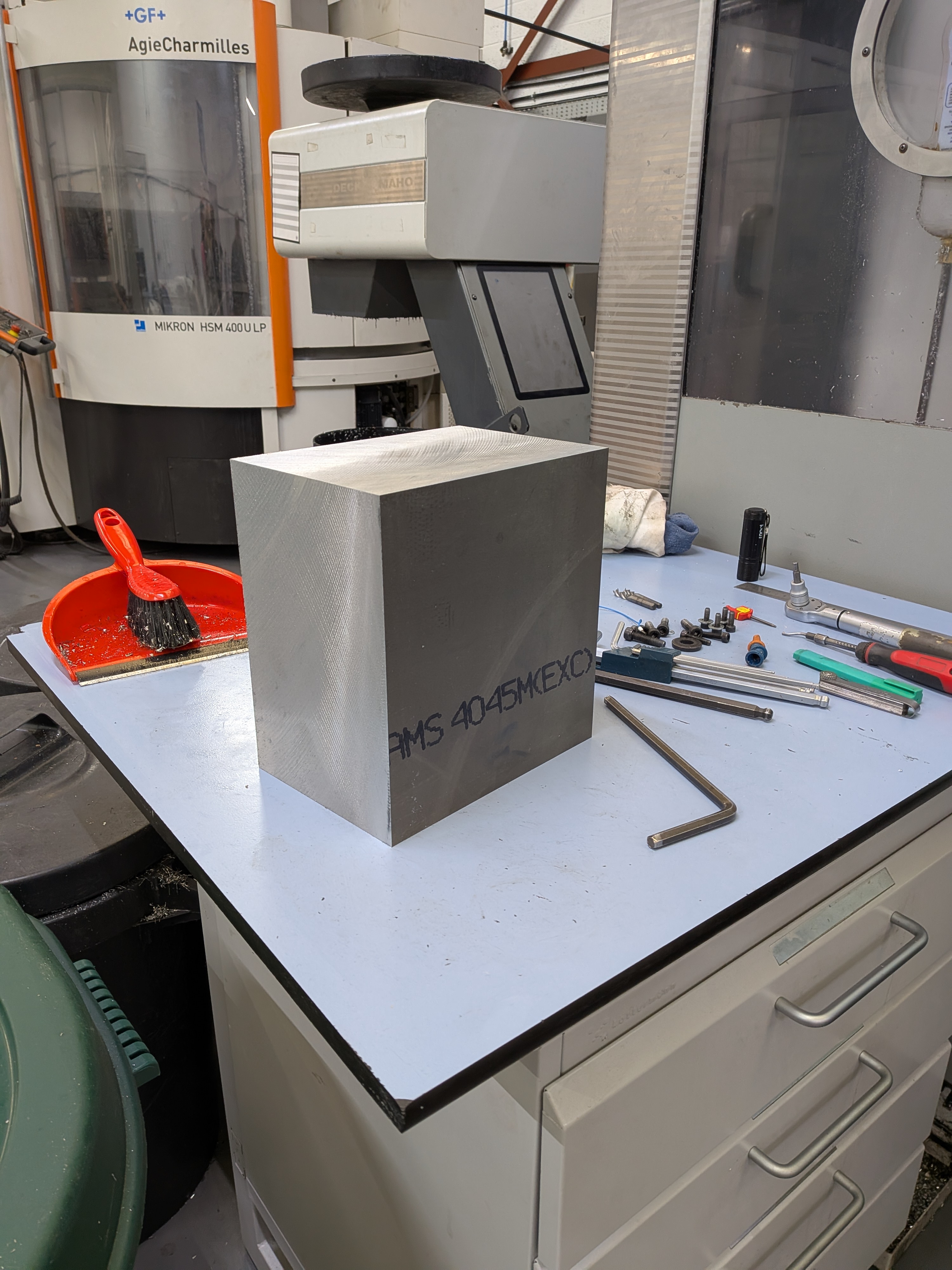 Upright billet stock fixtured in the CNC